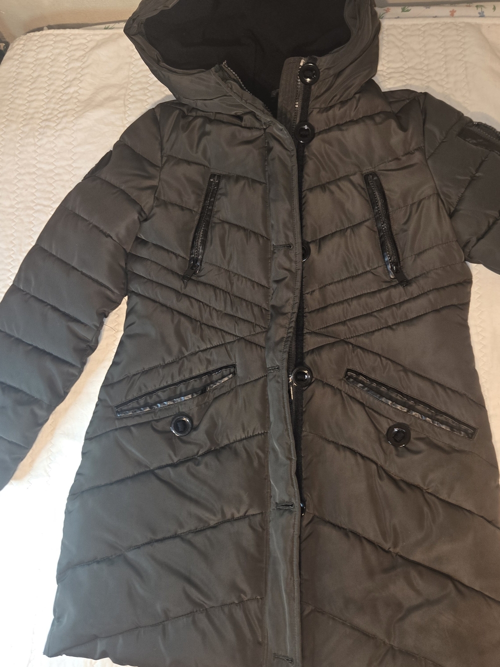 Diesel Girl  Quilted Hooded Pea Coat - Olive Green